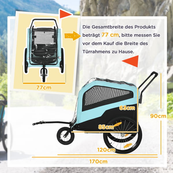 Hundetrailer, 2-i-1 hundeklapvogn og cykeltrailer, 170x77x90 cm, Blå