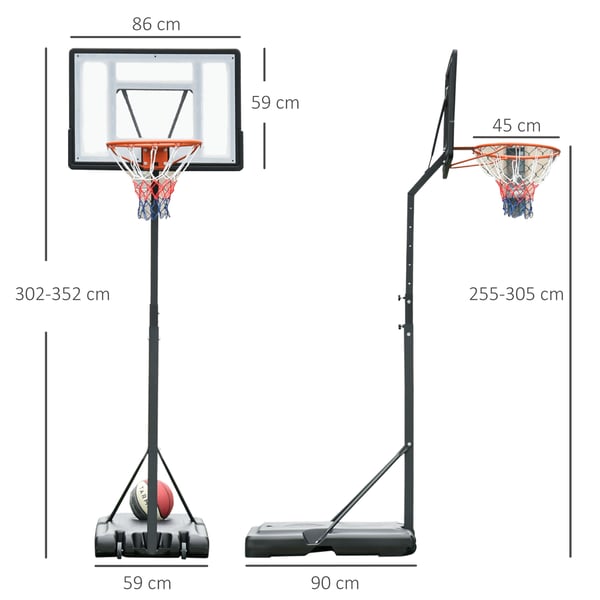 Basketballkurvstander, 90x165x302-352 cm, Sort