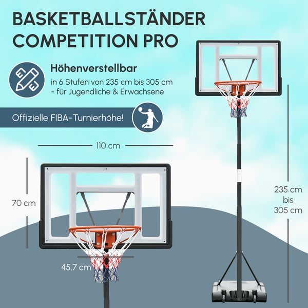 Basketballkurvstander, 90x165x302-352 cm, Sort