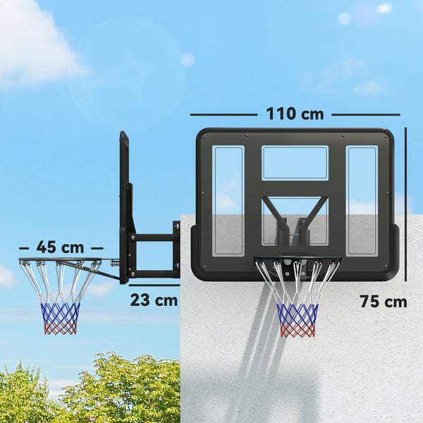 Basketballkurv, 110x75 cm rygplade, 45 cm stålfælg, sort