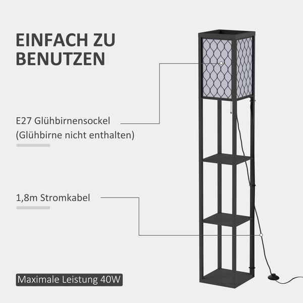 Gulvlampe med hylder, 26x26x160 cm, sort