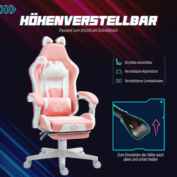 Gamingstol, 65x62x116-124 cm, Pink
