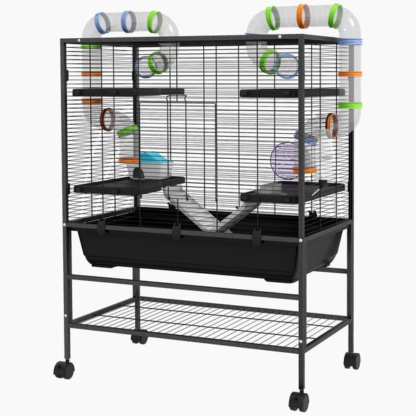 Hamsterbur med hjul og rør, 82x46x109 cm, sort