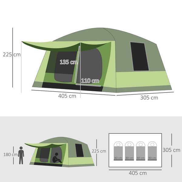 Campingtelt, 405x305x225 cm, Grøn