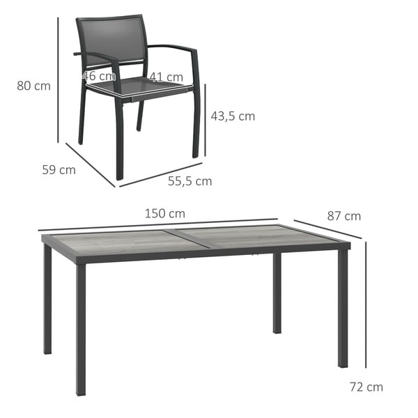Ulkoruokailuryhmä, 5-osainen, 150x87x72 cm pöytä, 55,5x59x80 cm tuolit, harmaa