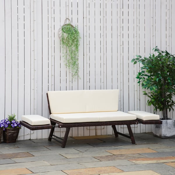 Puutarhasohva, 2-istuttava polyrottinki, taitettava, 129x63x67 cm, ruskea