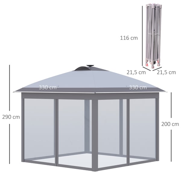 Sammenklappelig Havepavillon, 330x330x288 cm, Grå