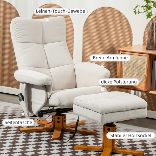 Massagestol med skammel og opbevaring, 80x86x99 cm, creme