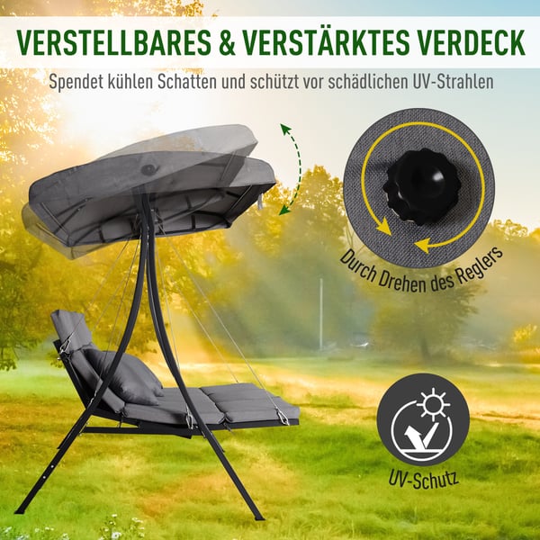 Haveswing, 3-personers gyngebænk med justerbart tag, 200x115x168 cm, grå
