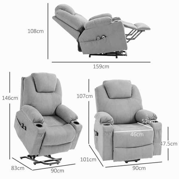 Lænestol med elektrisk løft, massage, varme, 90x101x107 cm, lysegrå