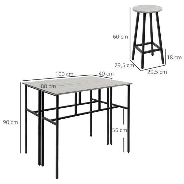 Spisesæt, 2 barborde og 4 barstole, 100x40x90 cm, grå og sort