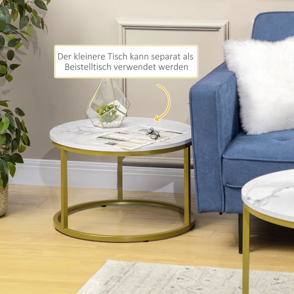 Soffbordset, 74x74x46,3 cm och 59x59x38,5 cm, Vit och Guld