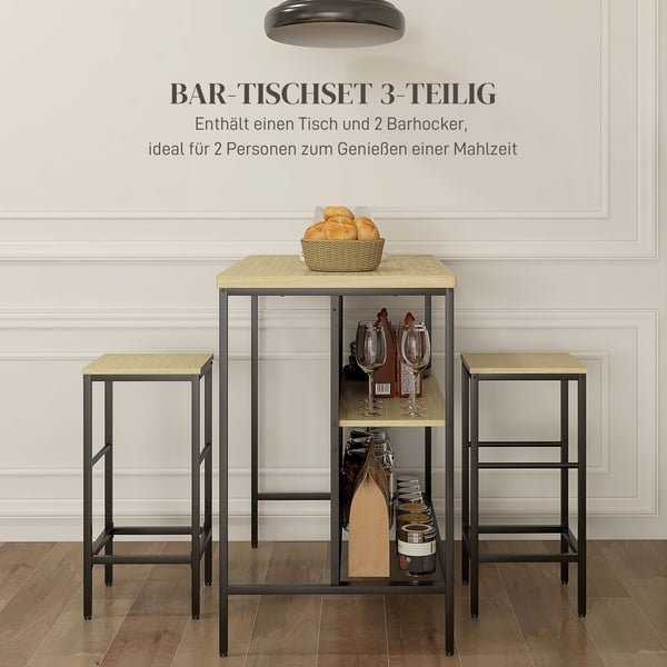 Bar-sæt, 1 barborde og 2 barstole, 100x60x95 cm, sort/eg, stål
