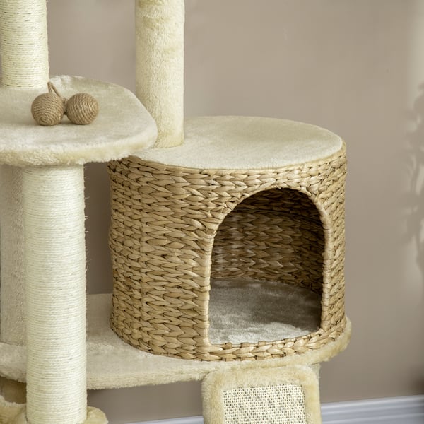 Kattetårn, Rattan kattehus med platforme, hængekøje og rampe, 60x60x150 cm, Beige