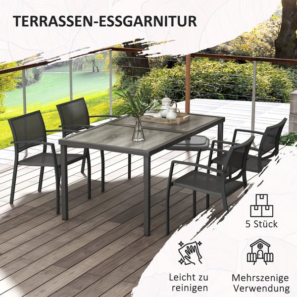 Ulkoruokailuryhmä, 5-osainen, 150x87x72 cm pöytä, 55,5x59x80 cm tuolit, harmaa
