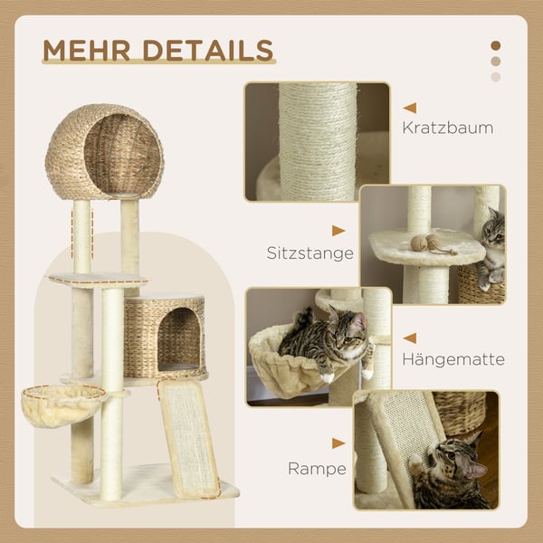 Kattetårn, Rattan kattehus med platforme, hængekøje og rampe, 60x60x150 cm, Beige