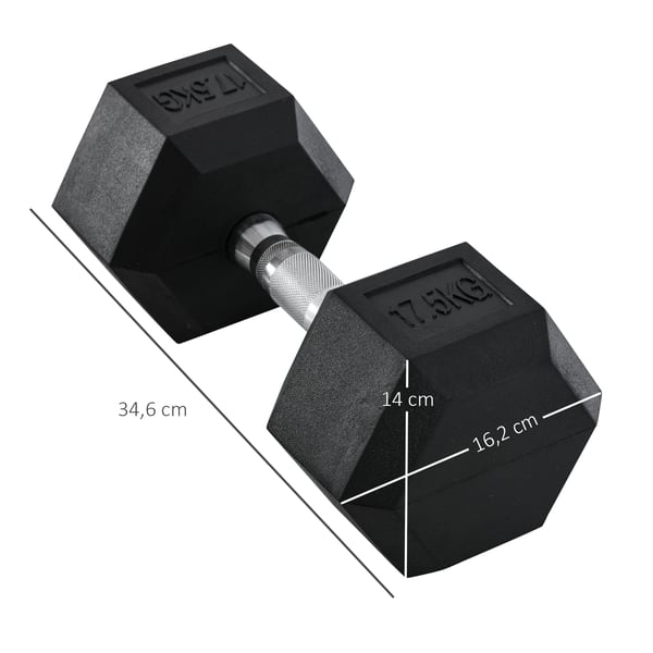 Håndvægt, Sekskantet gummihåndvægt 17,5 kg, 16,2x16,2x11 cm, Sort