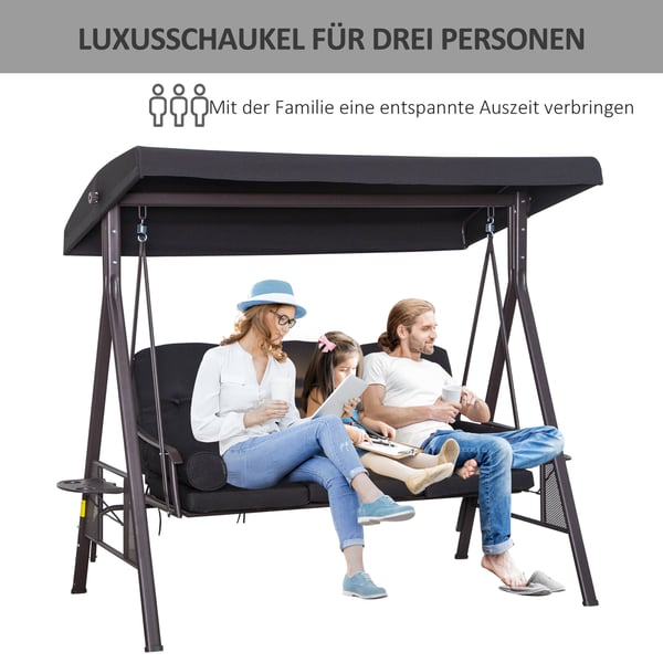 Haveswing, 3-personers med baldakin og hynder, 116x206x183 cm, Sort