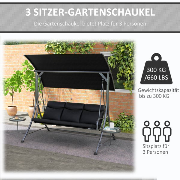 Havesving, 3-personers, 278x125x177 cm, Sort