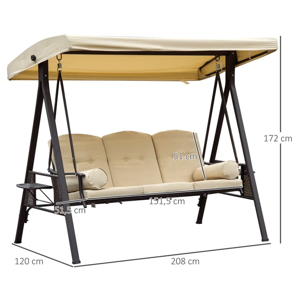 Haveswing, 3-personers med baldakin, 120x208x172 cm, beige brun