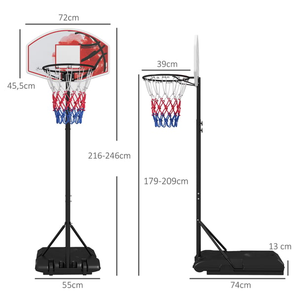 Basketballkurv med stativ, 179-209x39 cm, sort