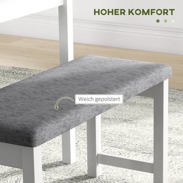 Spisebordssæt, 4-delt bord med 2 polstrede stole og bænk, 108x65x75 cm, grå, hvid