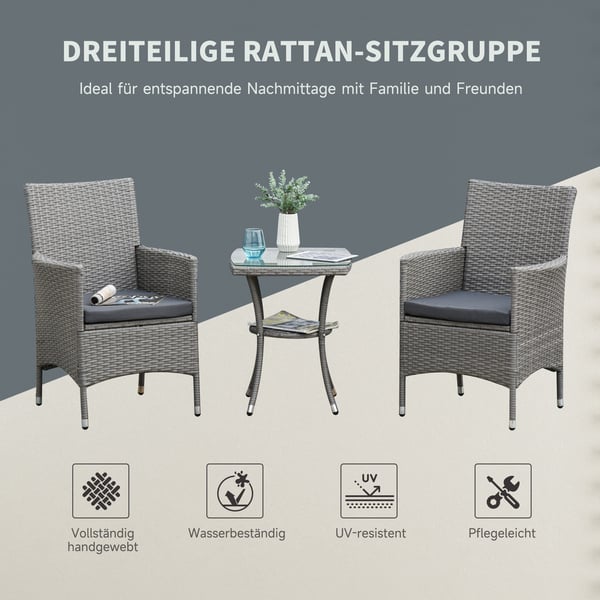 Rattan havemøbelsæt, 3-delt balconiesæt, 60x58,5x89,5 cm, grå