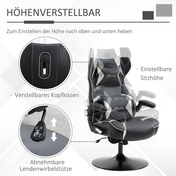 Gamingstol, Justerbar ergonomisk computerstol med højttalere, 69x73x118 cm, Hvid