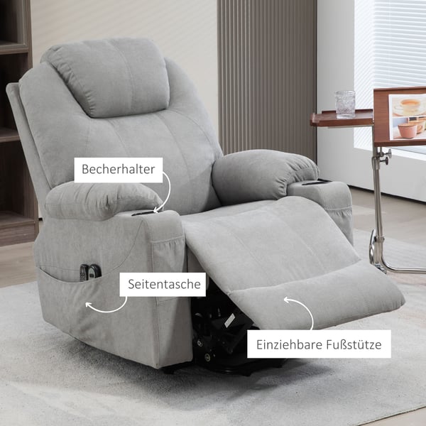 Lænestol med elektrisk løft, massage, varme, 90x101x107 cm, lysegrå