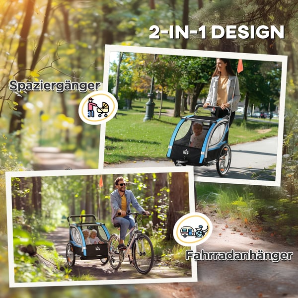 Cykeltrailer, 2-i-1 Børneklapvogn, 142x75x101 cm, Blå og Sort