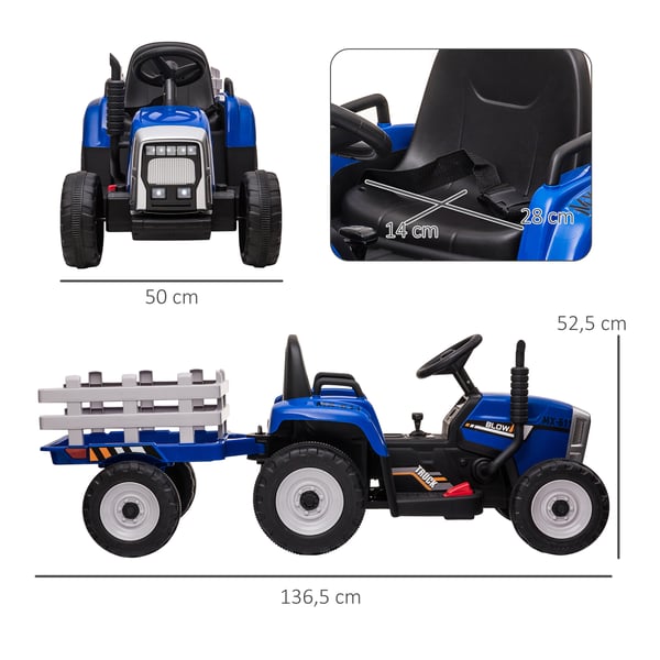 Elektrisk børnetraktor med fjernbetjening og trailer, 136,5x50x52,5 cm, blå