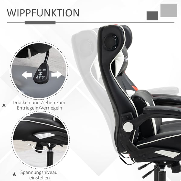 Gamingstol, Justerbar ergonomisk computerstol med højttalere, 69x73x118 cm, Hvid