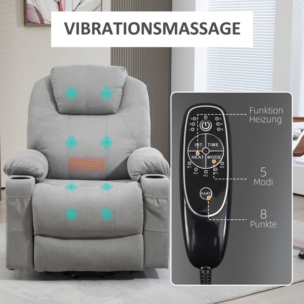 Lænestol med elektrisk løft, massage, varme, 90x101x107 cm, lysegrå