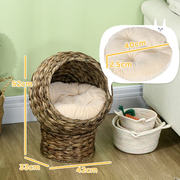 Katteseng, Rattan kattehule med pude, 42x33x52 cm, Brun