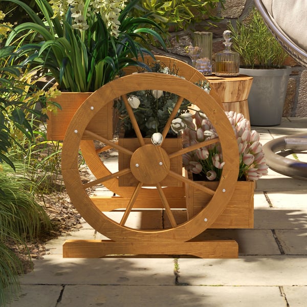 Plantekasse med vognhjul, 62x61x57 cm, teak