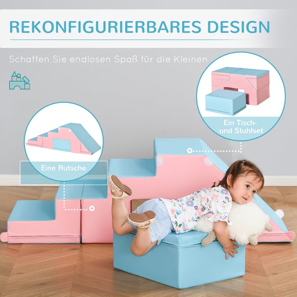 Soft Play Sæt, 2-delt skum byggeklods bord- og stolesæt med rutsjebane, 86x49x47 cm, lyserød og blå