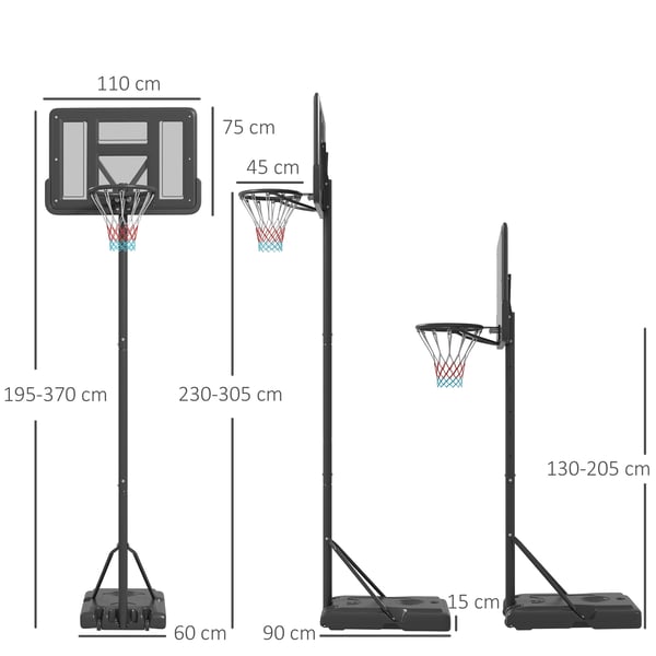 Basketballstander, højdejusterbar 230-305 cm, sort