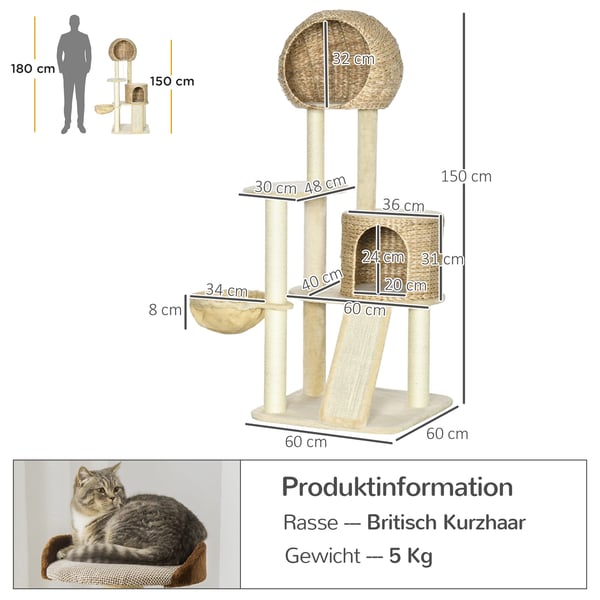 Kattetårn, Rattan kattehus med platforme, hængekøje og rampe, 60x60x150 cm, Beige