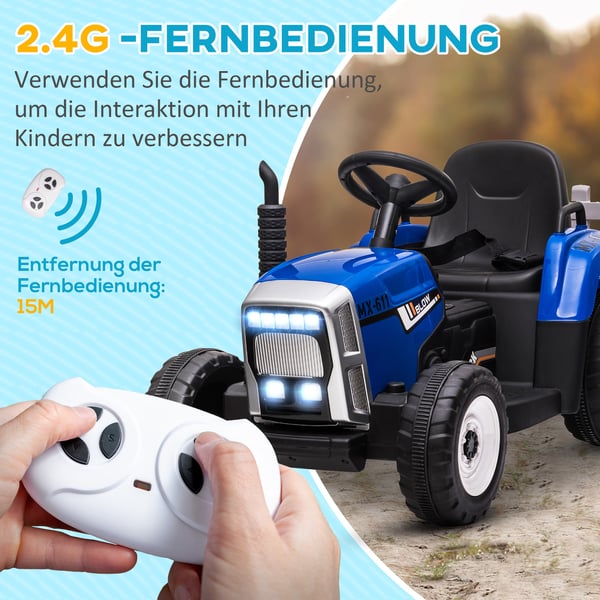 Elektrisk børnetraktor med fjernbetjening og trailer, 136,5x50x52,5 cm, blå