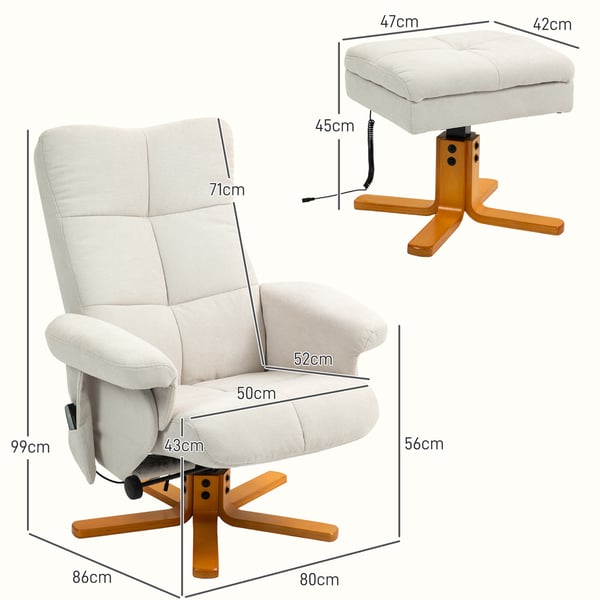 Massagestol med skammel og opbevaring, 80x86x99 cm, creme