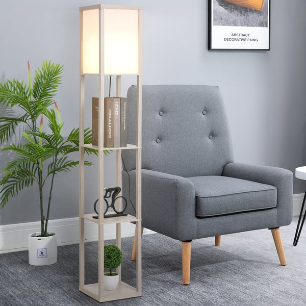 Gulvlampe med hylder, 26x26x160 cm, eg og hvid