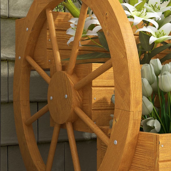 Plantekasse med vognhjul, 62x61x57 cm, teak