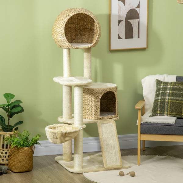 Kattetårn, Rattan kattehus med platforme, hængekøje og rampe, 60x60x150 cm, Beige