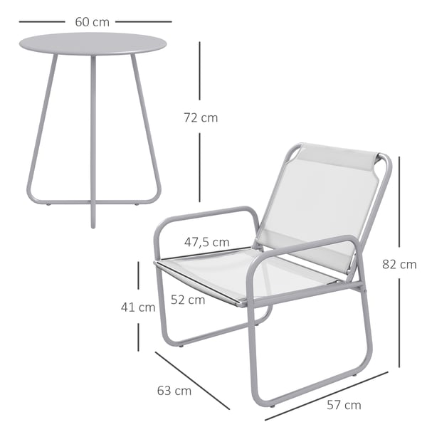 Bistro sæt, 3 dele, Bord 60x60x72 cm, Stole 63x57x82 cm, Lysegrå