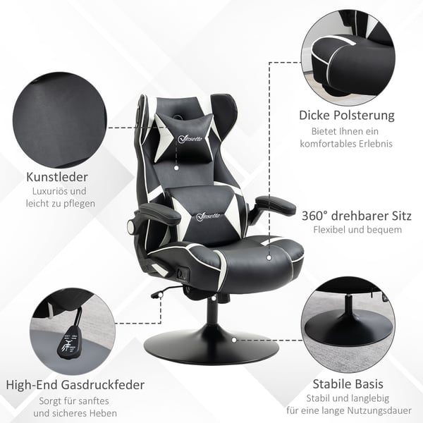 Gamingstol, Justerbar ergonomisk computerstol med højttalere, 69x73x118 cm, Hvid