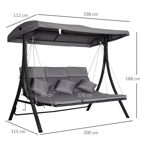 Haveswing, 3-personers gyngebænk med justerbart tag, 200x115x168 cm, grå