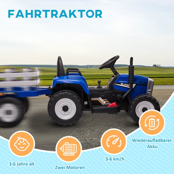 Elektrisk børnetraktor med fjernbetjening og trailer, 136,5x50x52,5 cm, blå