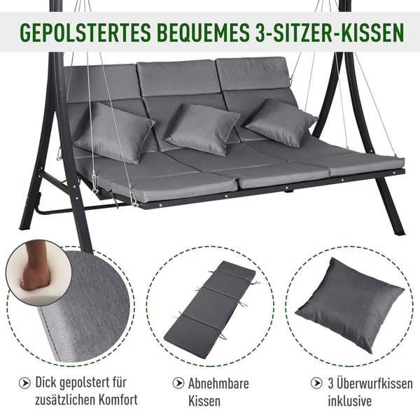 Haveswing, 3-personers gyngebænk med justerbart tag, 200x115x168 cm, grå
