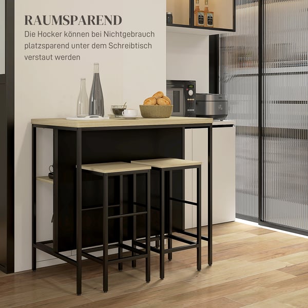 Bar-sæt, 1 barborde og 2 barstole, 100x60x95 cm, sort/eg, stål
