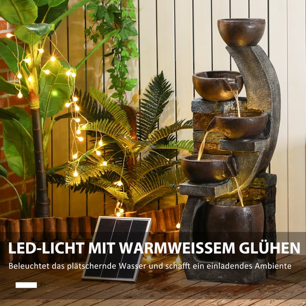 Havefontæne, Solcelledrevet fontæne med LED-belysning, 37x35x107 cm, Gråbrun